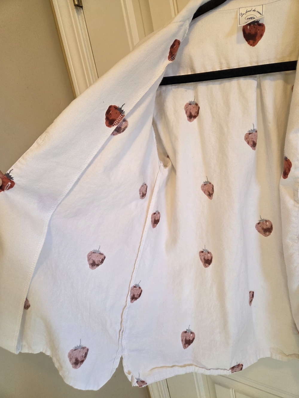 White Strawberry Print Button Down Collared Shirt With Front Pocket Charm - Picture 3 of 9